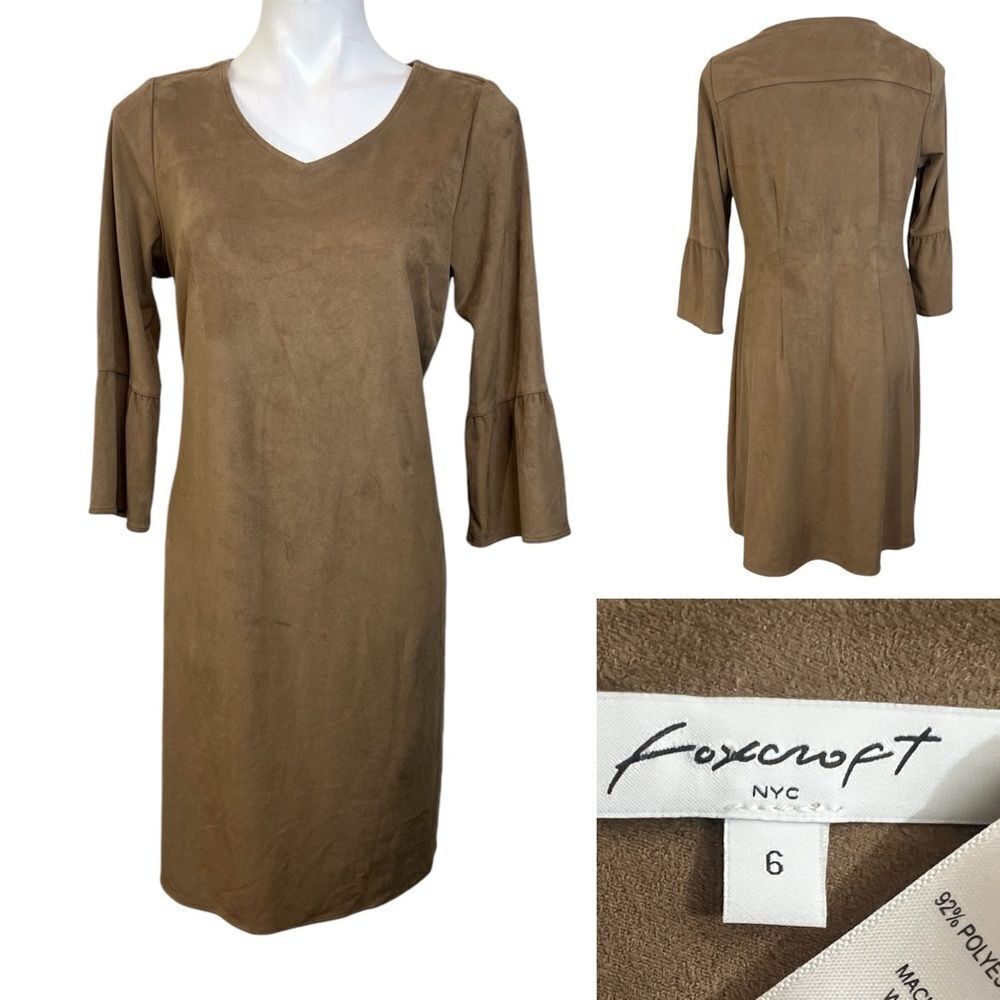 Foxcroft NY dress faux suede bell sleeve stretch‎ sz 6 tan/brown office fall -10